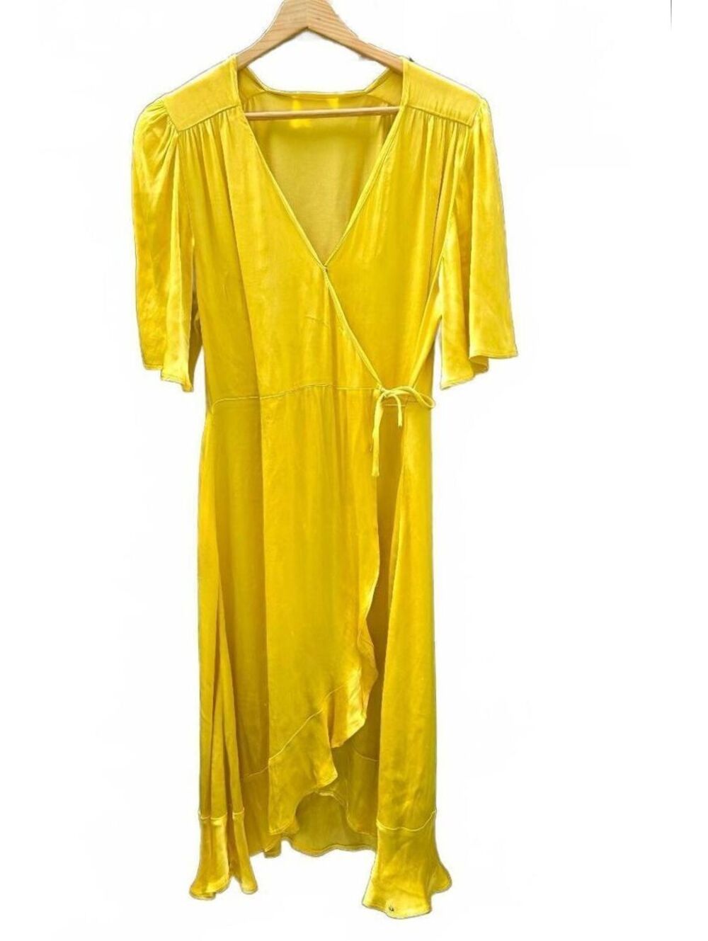 Yellow Satin Wrap Dress with Ruffle Hem and Tie Waist Med - Lg